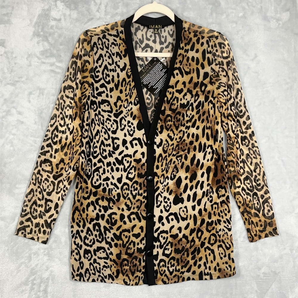 Iman Womens Cardigan Size M Brown Leopard Print NWT Sheer Mesh Button Front